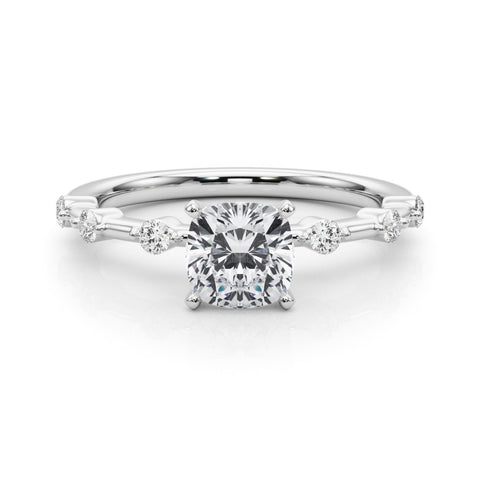 Silver Cushion Solitaire Diamond Ring with Bezel Set Side Stones and Prong Setting