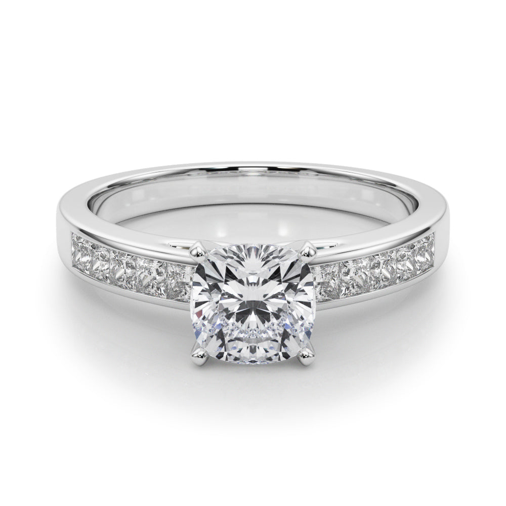 Silver Cushion Solitaire Diamond Ring with Channel-Set Band and Four-Prong Setting