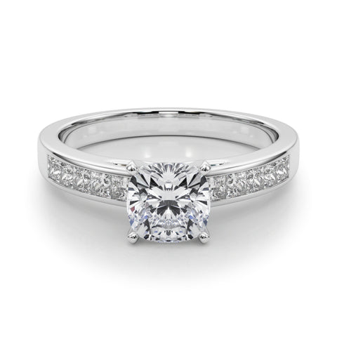 Silver Cushion Solitaire Diamond Ring with Channel-Set Band and Four-Prong Setting