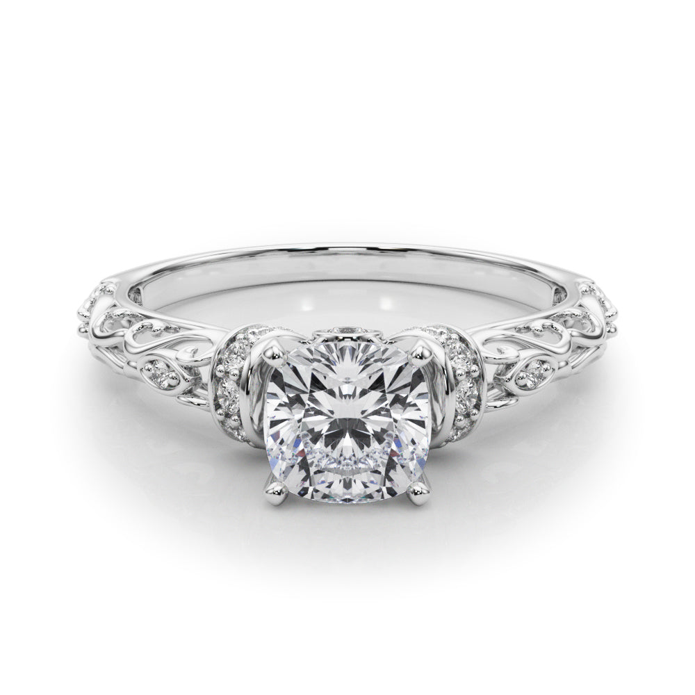 Silver Cushion Solitaire Diamond Ring with Filigree Band and Four-Prong Setting