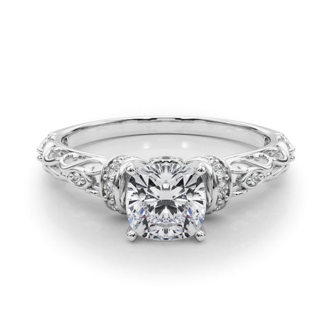 Silver Cushion Solitaire Diamond Ring with Filigree Band and Four-Prong Setting