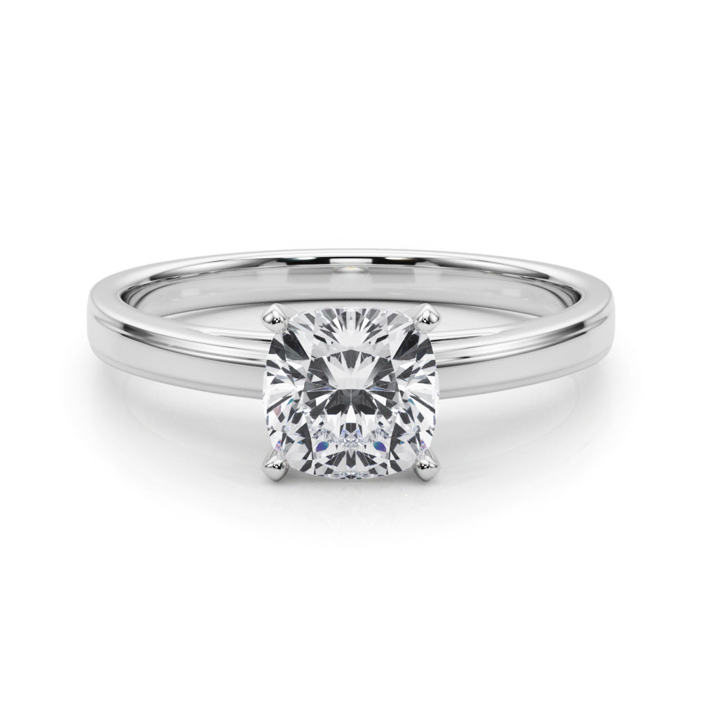 Silver Cushion Solitaire Diamond Ring with Four-Prong Setting and Classic Band