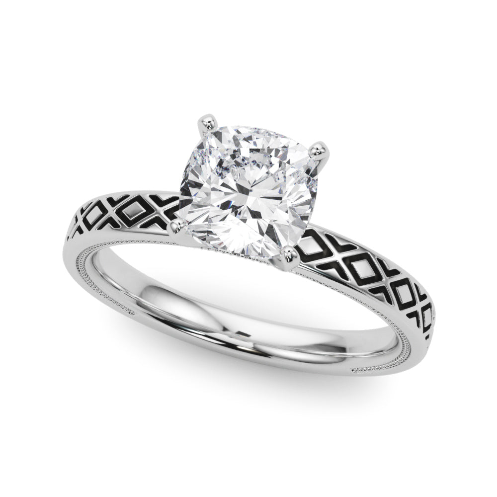 Silver Cushion Solitaire Diamond Ring with Milgrain and Black Enamel X Pattern Band 2