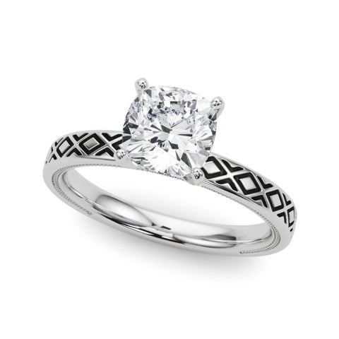 Silver Cushion Solitaire Diamond Ring with Milgrain and Black Enamel X Pattern Band 2