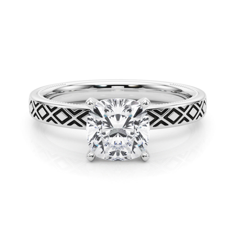 Silver Cushion Solitaire Diamond Ring with Milgrain and Black Enamel X Pattern Band