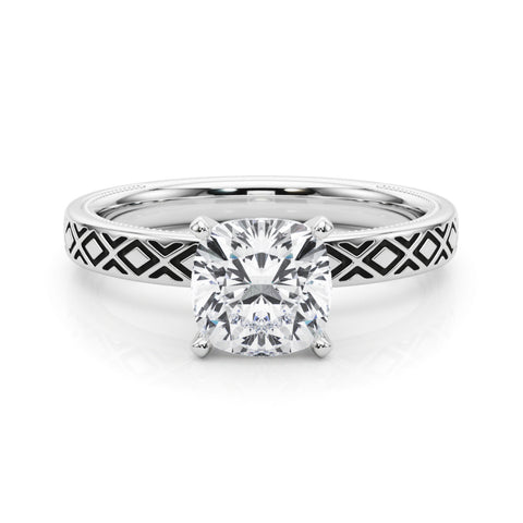 Silver Cushion Solitaire Diamond Ring with Milgrain and Black Enamel X Pattern Band