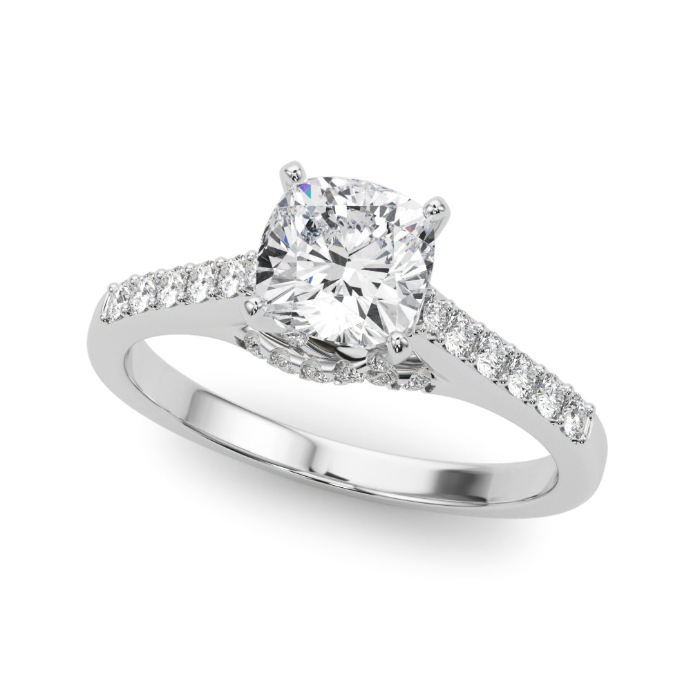 Silver Cushion Solitaire Diamond Ring with Pavé Band and Four-Prong Setting 2