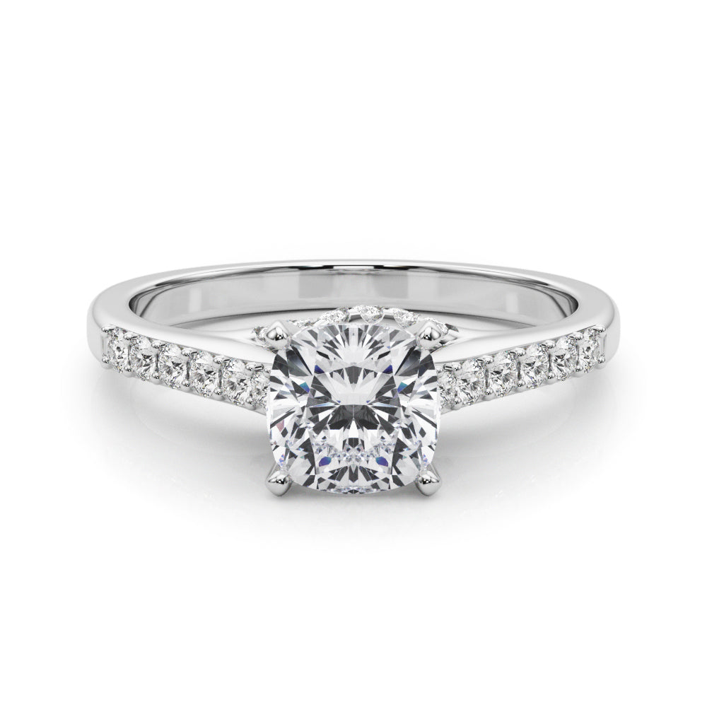 Silver Cushion Solitaire Diamond Ring with Pavé Band and Four-Prong Setting