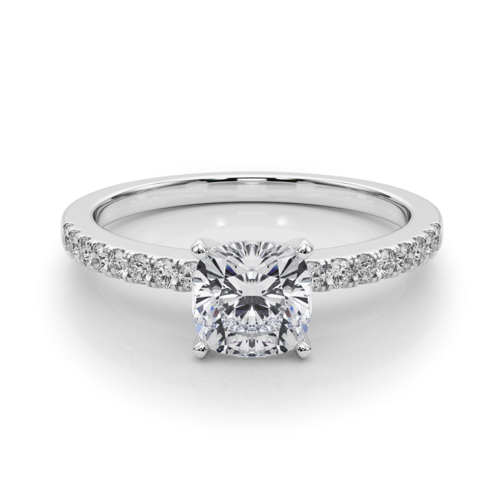 Silver Cushion Solitaire Diamond with Pavé Band and Four-Prong Setting