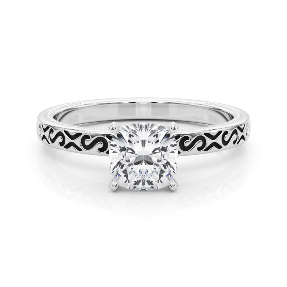 Silver Cushion Solitaire Engagement Ring with Scrollwork Band and Four-Prong Setting