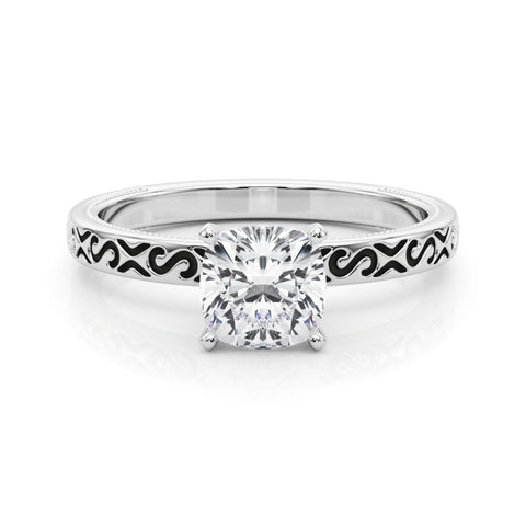Silver Cushion Solitaire Engagement Ring with Scrollwork Band and Four-Prong Setting