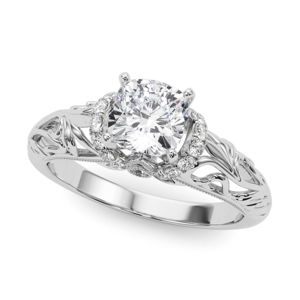 Silver Cushion Solitaire Filigree Engagement Ring with Halo and Prong Setting 2