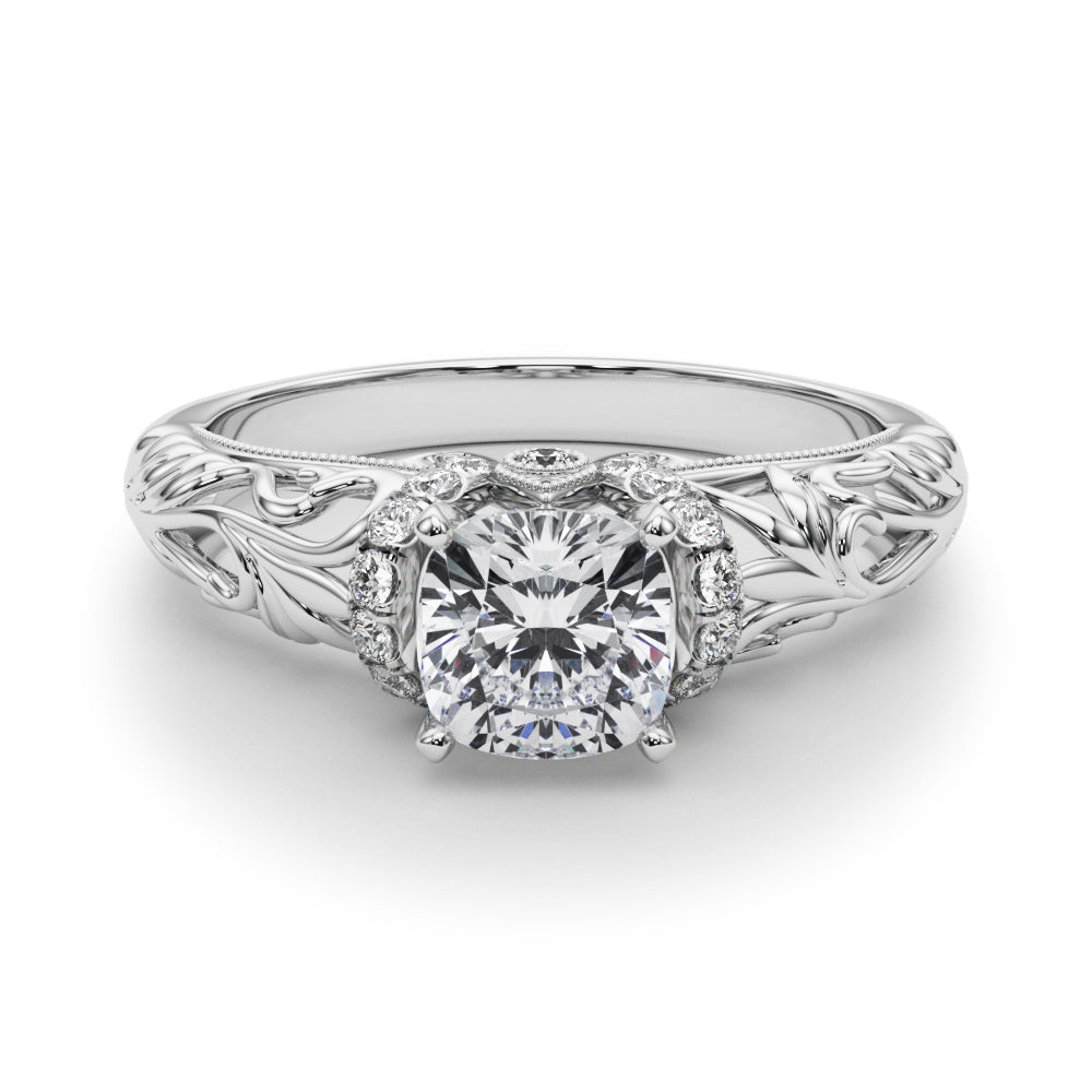 Silver Cushion Solitaire Filigree Engagement Ring with Halo and Prong Setting