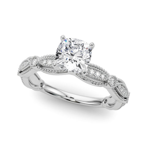 Silver Cushion Solitaire Milgrain Diamond Engagement Ring with Bezel and Marquise Band 2