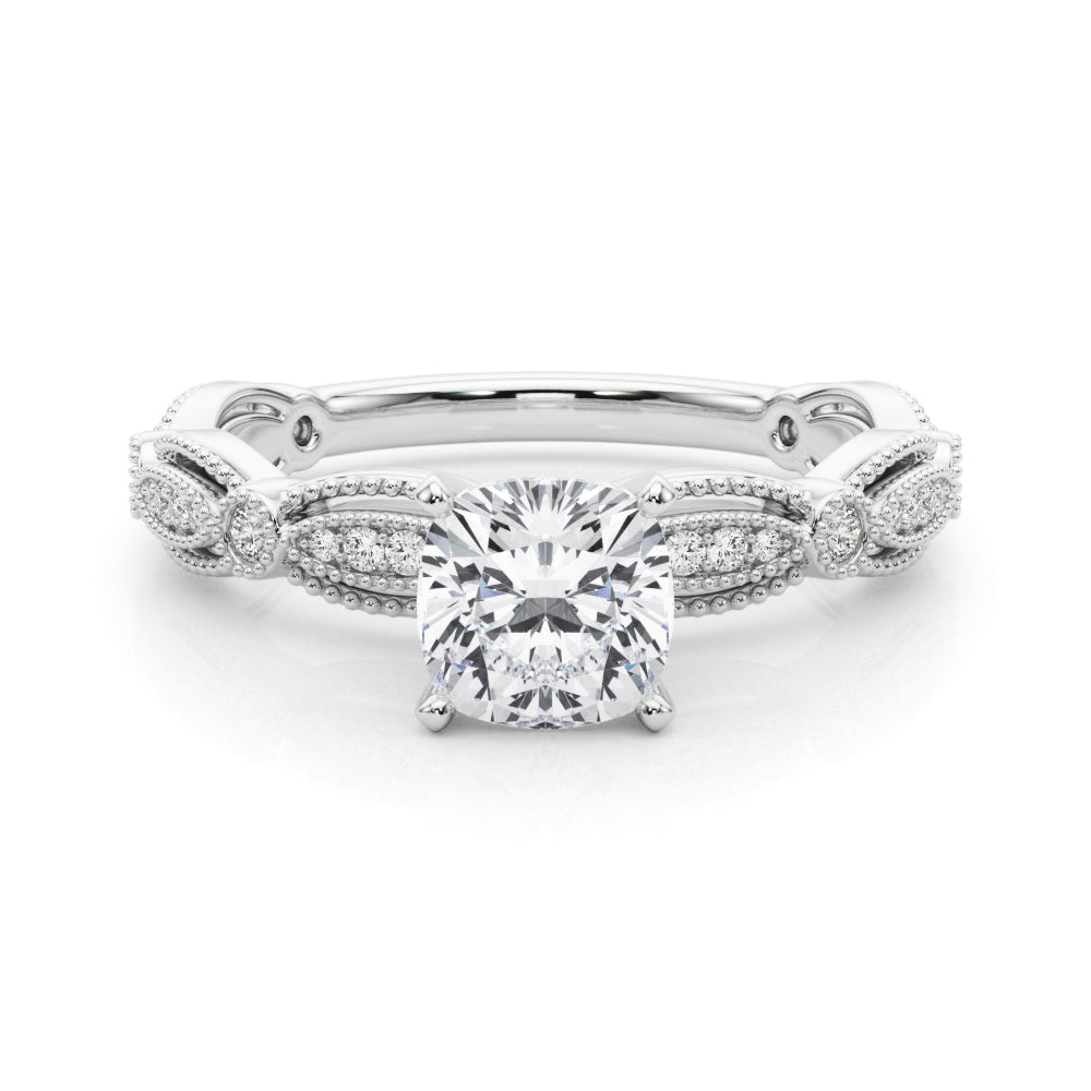 Silver Cushion Solitaire Milgrain Diamond Engagement Ring with Bezel and Marquise Band