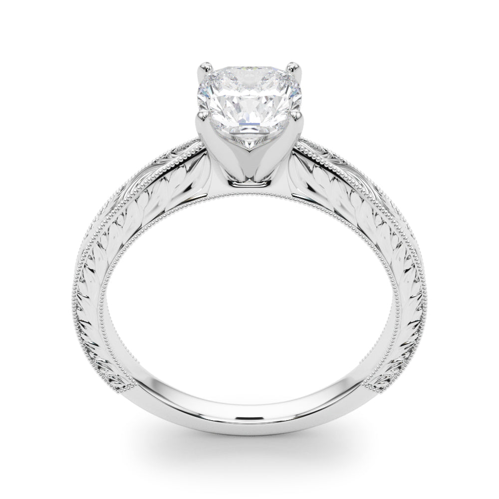 Silver Cushion Solitaire Milgrain Engraved Band with Four-Prong Setting 1