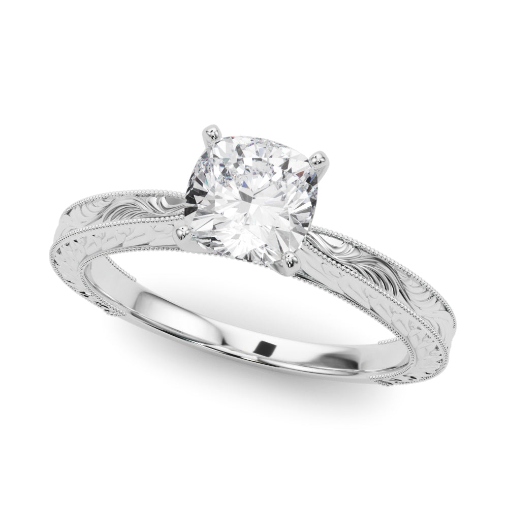 Silver Cushion Solitaire Milgrain Engraved Band with Four-Prong Setting 2