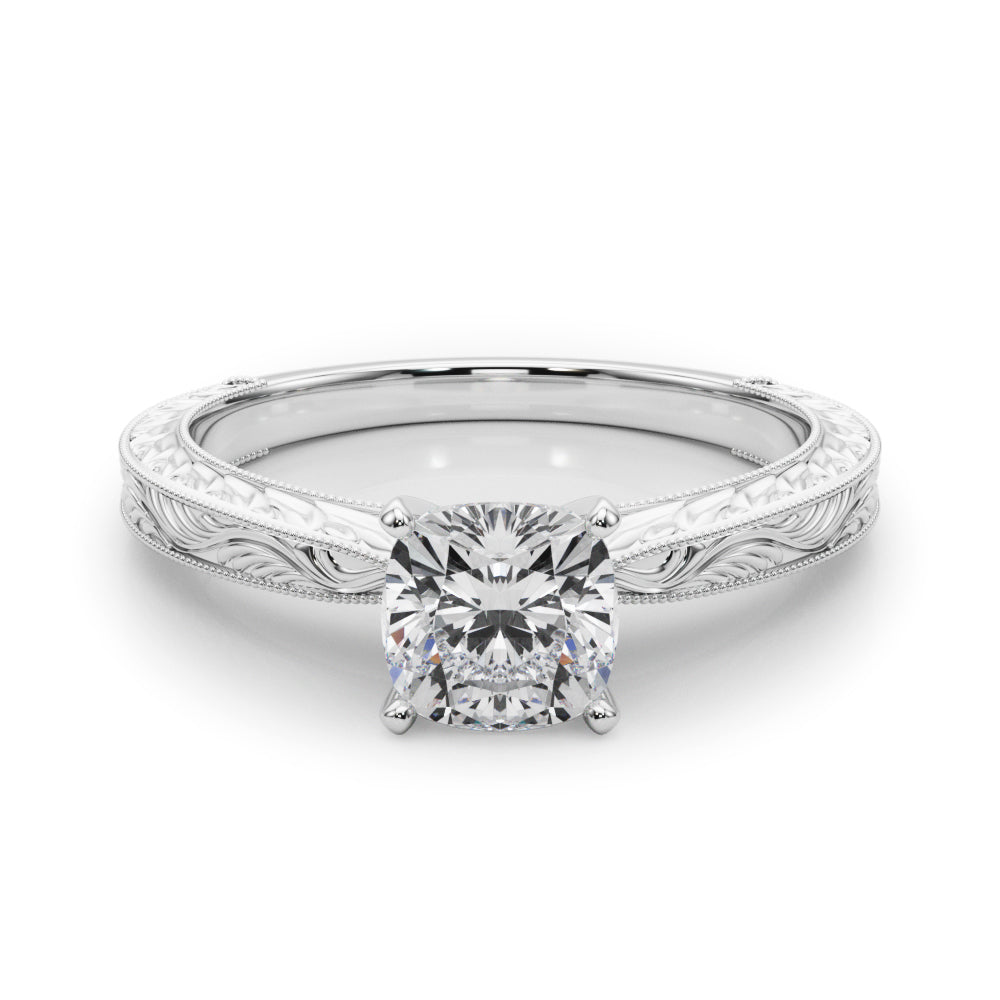 Silver Cushion Solitaire Milgrain Engraved Band with Four-Prong Setting