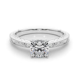 Silver Cushion Solitaire Milgrain Engraved Band with Four-Prong Setting