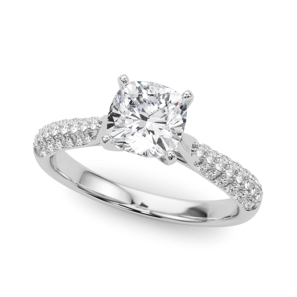 Silver Cushion Solitaire Pavé Diamond Engagement Ring with Four-Prong Setting 2