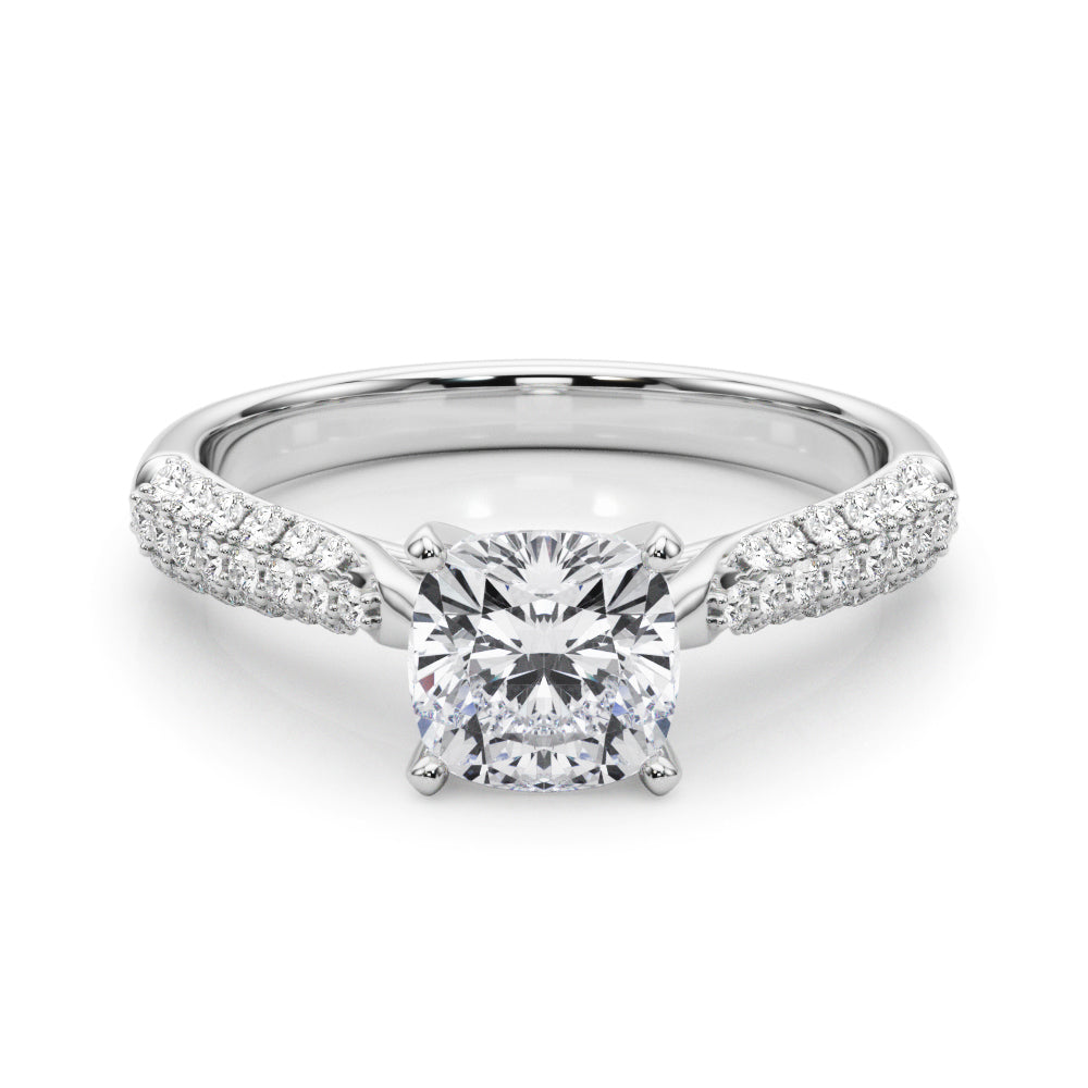 Silver Cushion Solitaire Pavé Diamond Engagement Ring with Four-Prong Setting