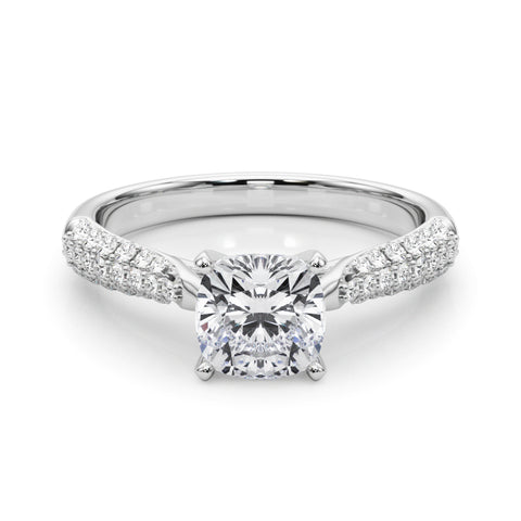 Silver Cushion Solitaire Pavé Diamond Engagement Ring with Four-Prong Setting