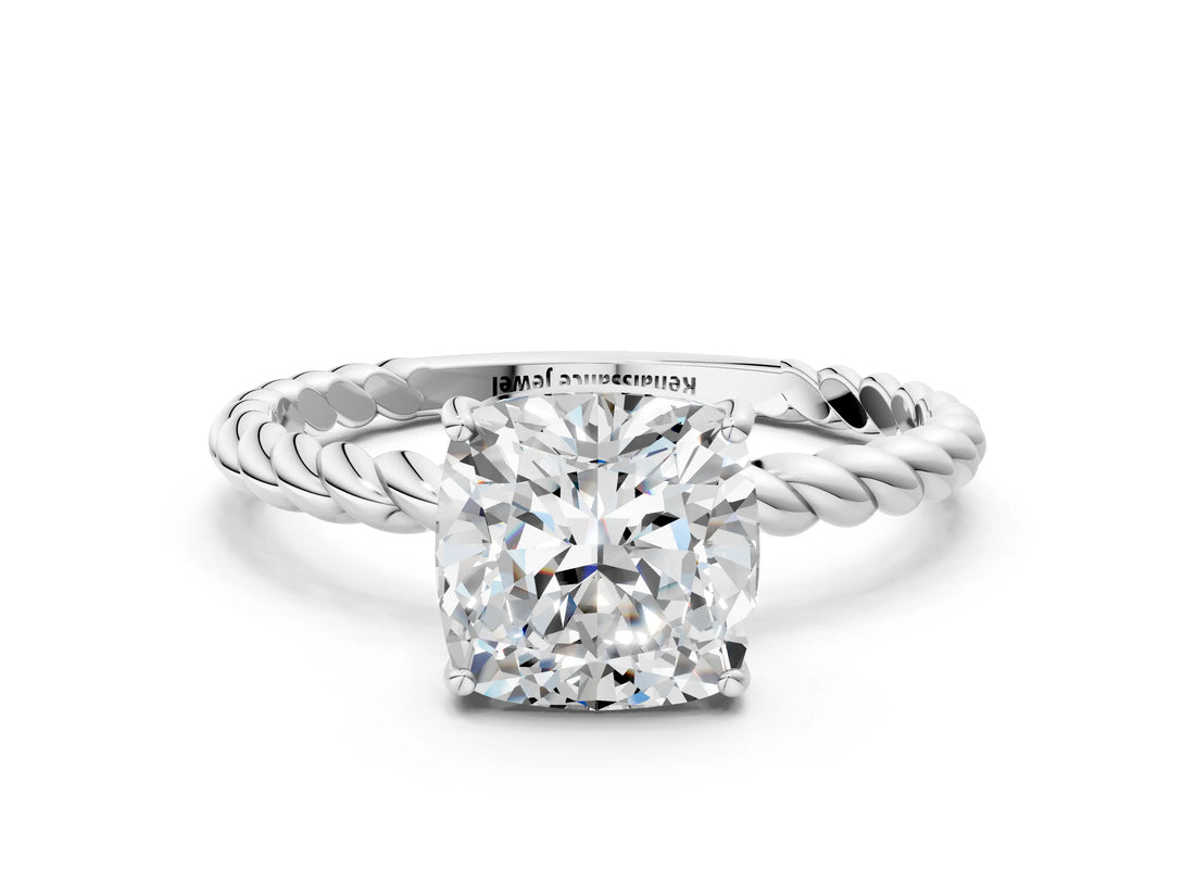 Silver Cushion Solitaire Twist Band Ring with Four-Prong Setting_12