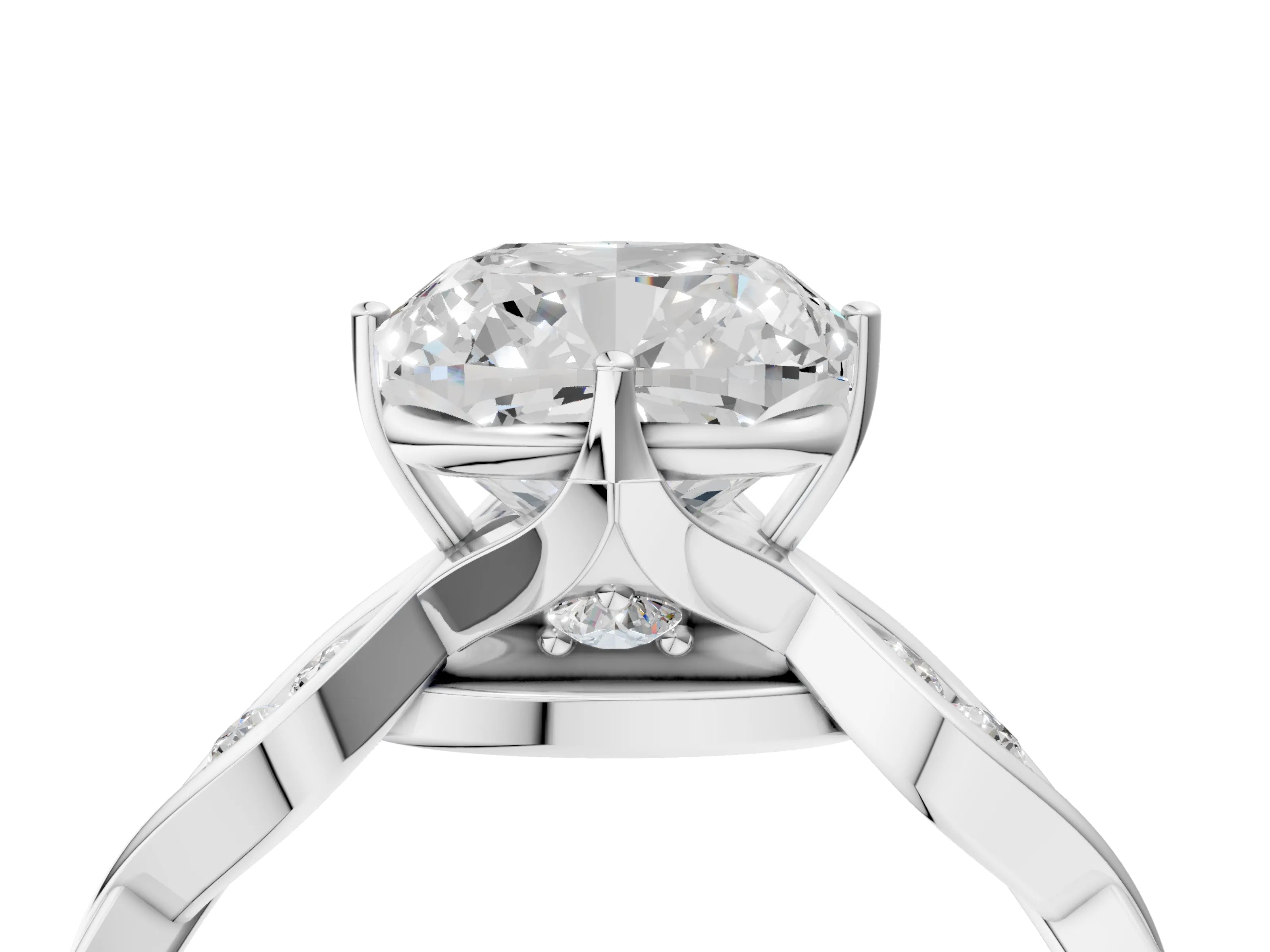 Silver Cushion Solitaire Twist Band with Leaf Prong Setting 5