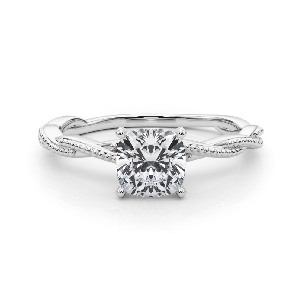 Silver Cushion Solitaire Twisted Band with Bead Prong Setting