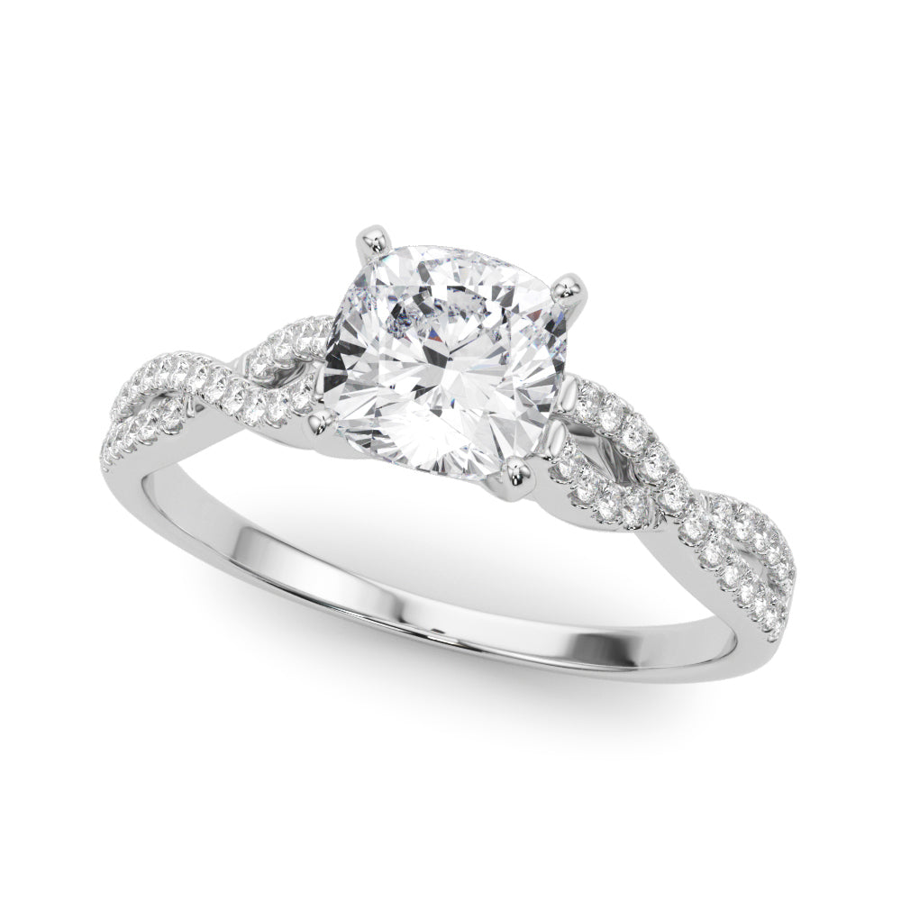 Silver Cushion Solitaire Twisted Pave Diamond Engagement Ring with Four-Prong Setting 2