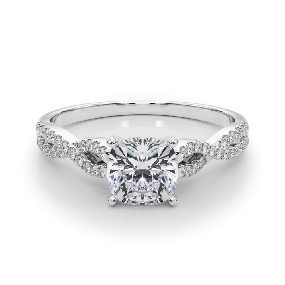 Silver Cushion Solitaire Twisted Pave Diamond Engagement Ring with Four-Prong Setting