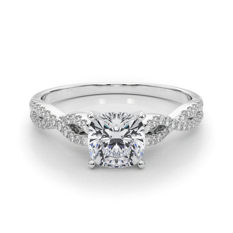 Silver Cushion Solitaire Twisted Pave Diamond Engagement Ring with Four-Prong Setting