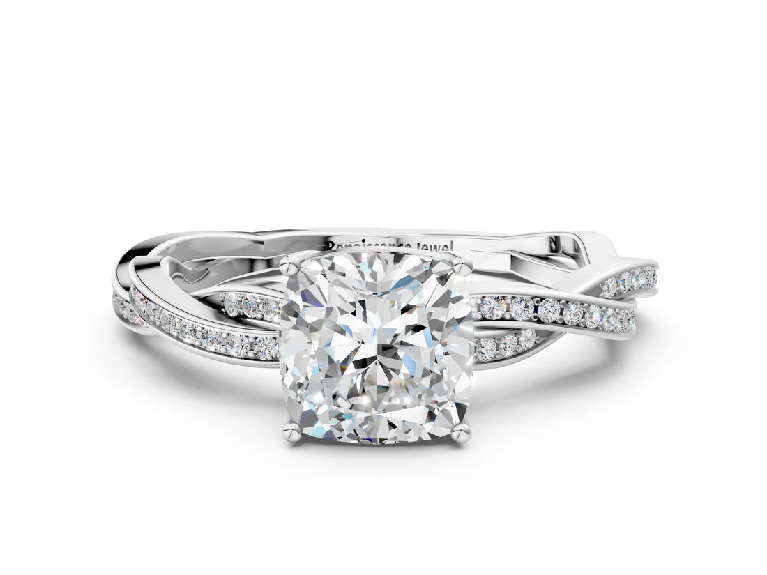 Silver Cushion Solitaire Twisted Pave Diamond Ring with Four-Prong Setting