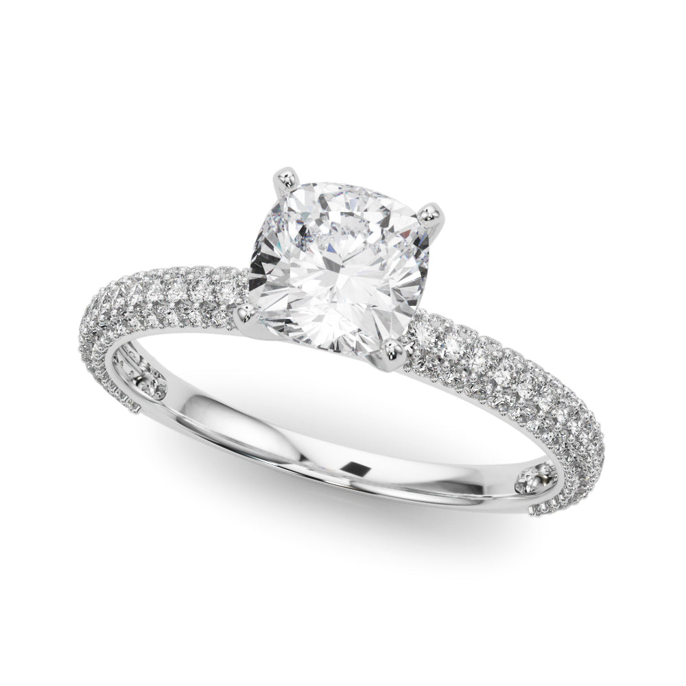 Silver Cushion Solitaire with Pave Band and Four-Prong Setting 2