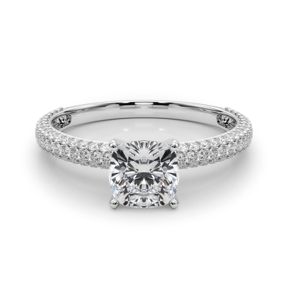 Silver Cushion Solitaire with Pave Band and Four-Prong Setting