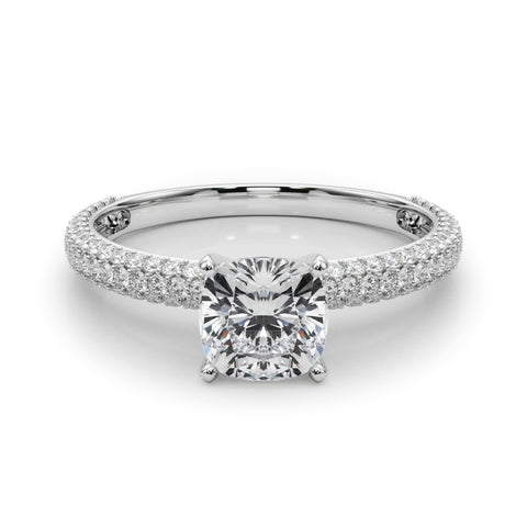 Silver Cushion Solitaire with Pave Band and Four-Prong Setting