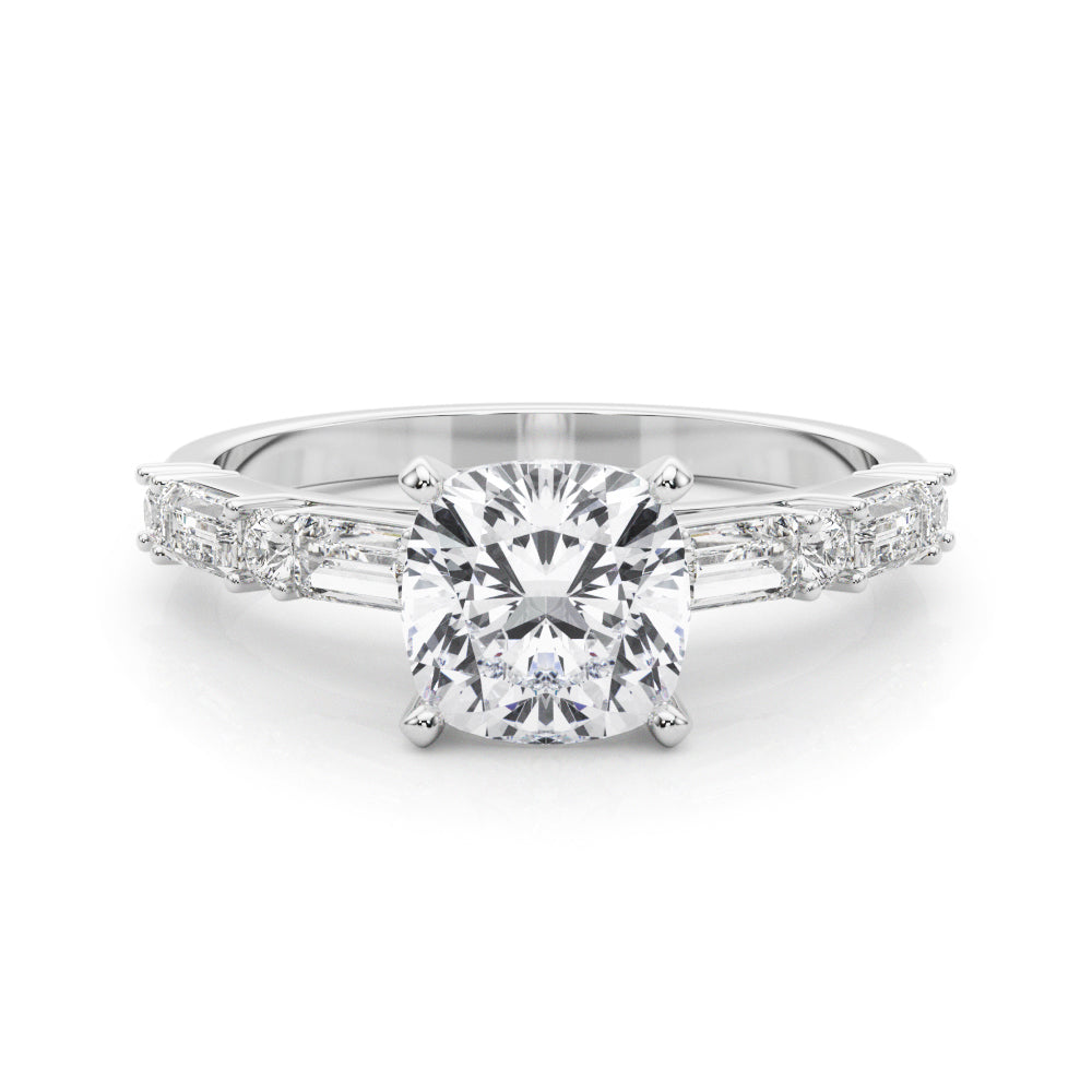 Silver Cushion Solitaire with Side Baguettes and Channel Set Band