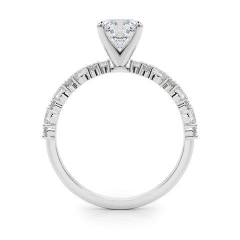 Silver Cushion Solitaire with Side Stones, Pave Band, Four-Prong Setting 1