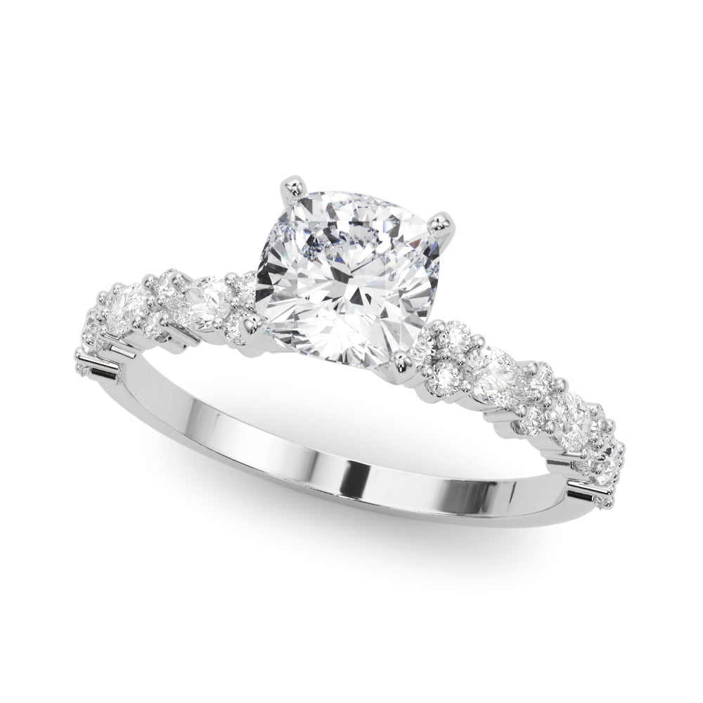 Silver Cushion Solitaire with Side Stones, Pave Band, Four-Prong Setting 2