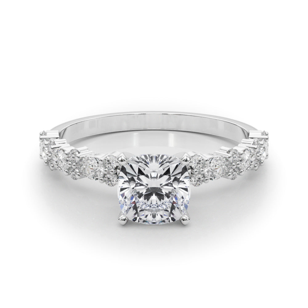 Silver Cushion Solitaire with Side Stones, Pave Band, Four-Prong Setting