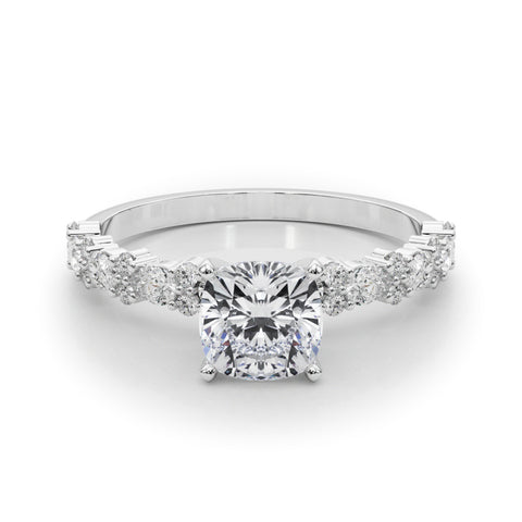 Silver Cushion Solitaire with Side Stones, Pave Band, Four-Prong Setting