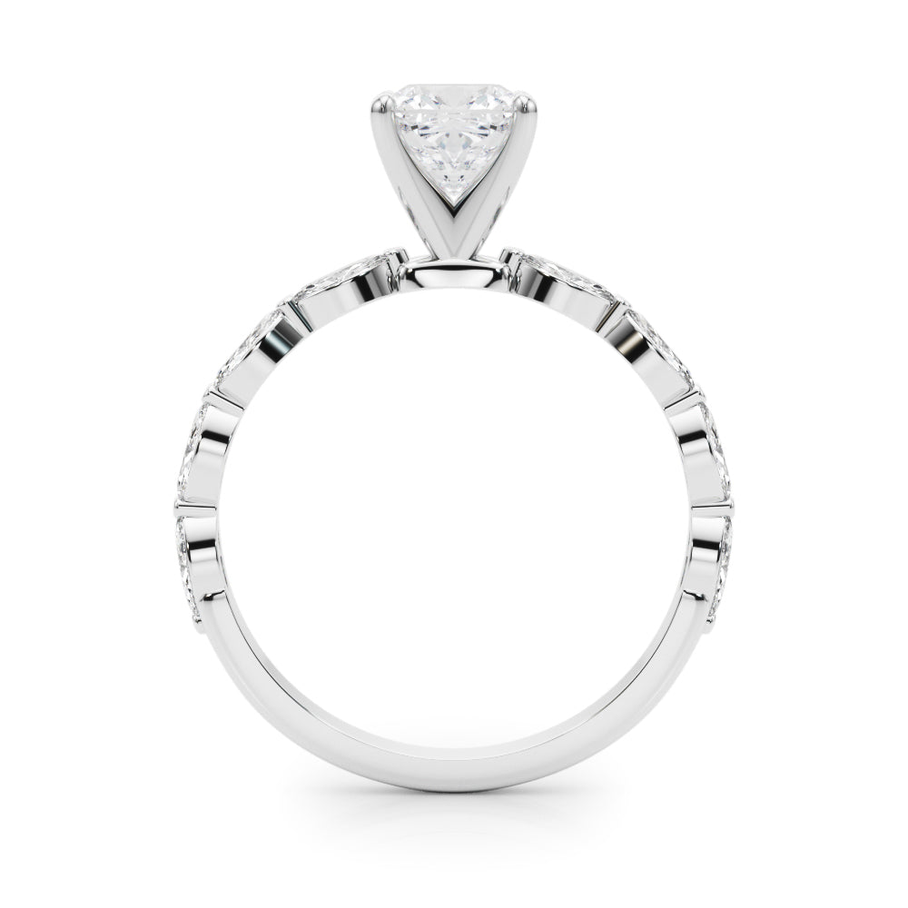 Silver Cushion Solitaire with Side Stones on a Pavé Band and Four-Prong Setting 1