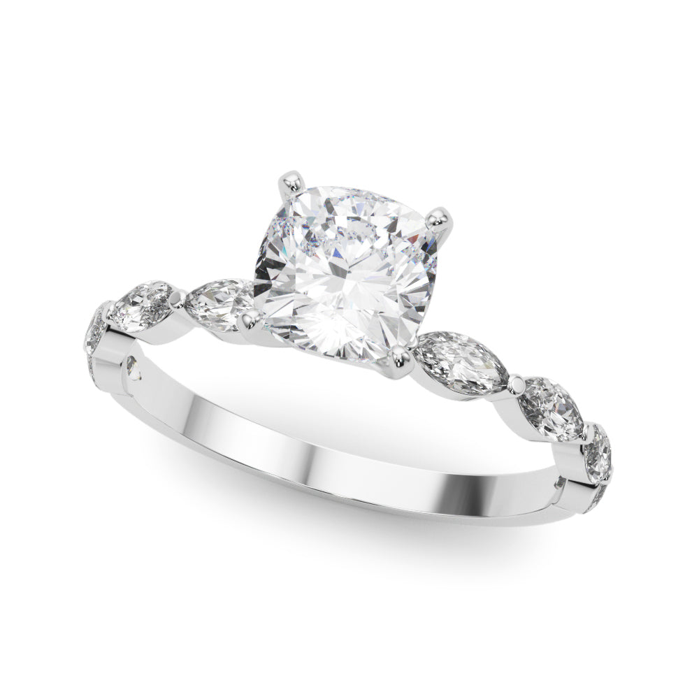 Silver Cushion Solitaire with Side Stones on a Pavé Band and Four-Prong Setting 2