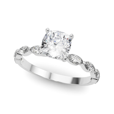 Silver Cushion Solitaire with Side Stones on a Pavé Band and Four-Prong Setting 2