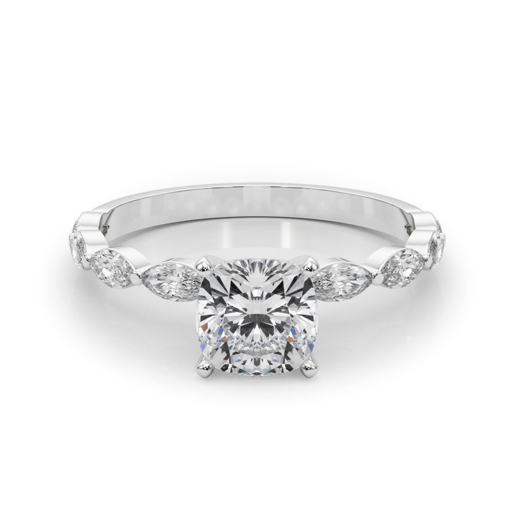 Silver Cushion Solitaire with Side Stones on a Pavé Band and Four-Prong Setting