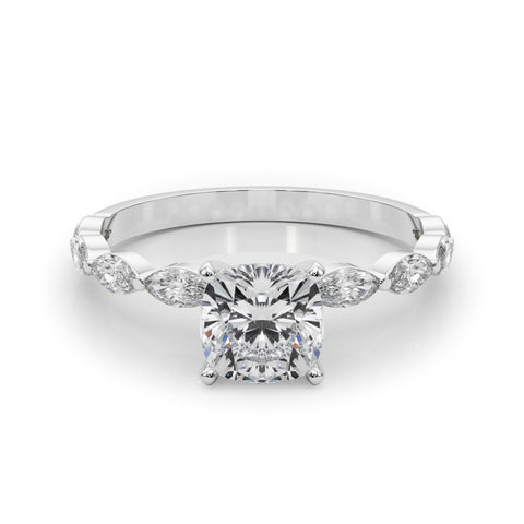 Silver Cushion Solitaire with Side Stones on a Pavé Band and Four-Prong Setting