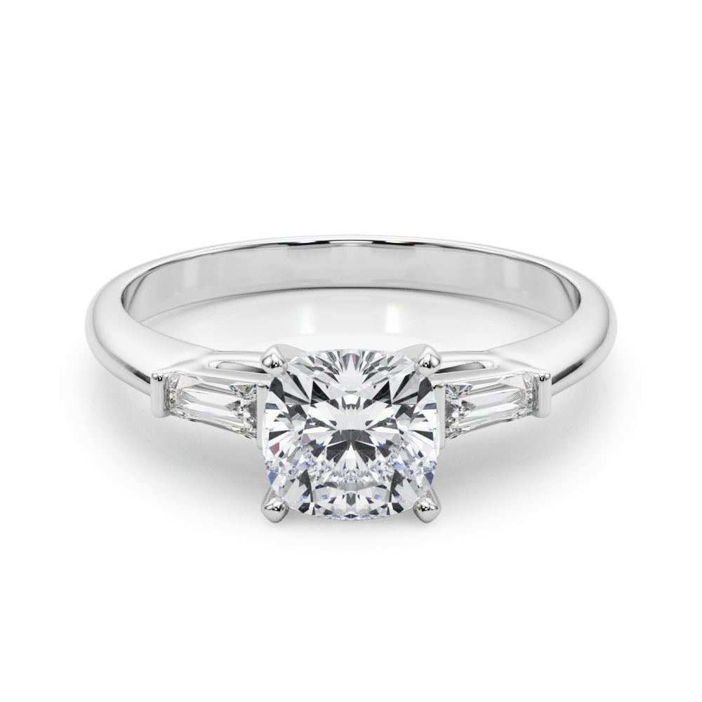 Silver Cushion Solitaire with Tapered Baguette Side Stones on a Classic Band with Four-Prong Setting