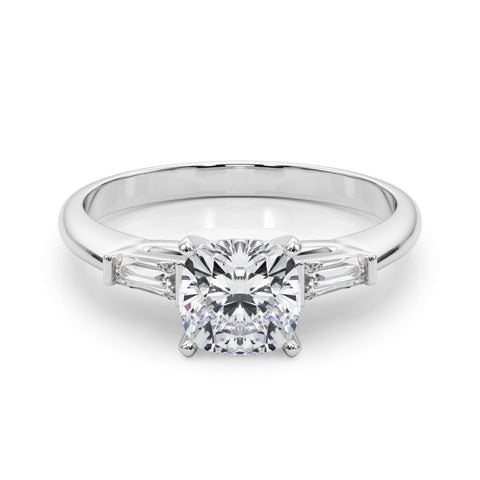 Silver Cushion Solitaire with Tapered Baguette Side Stones on a Classic Band with Four-Prong Setting