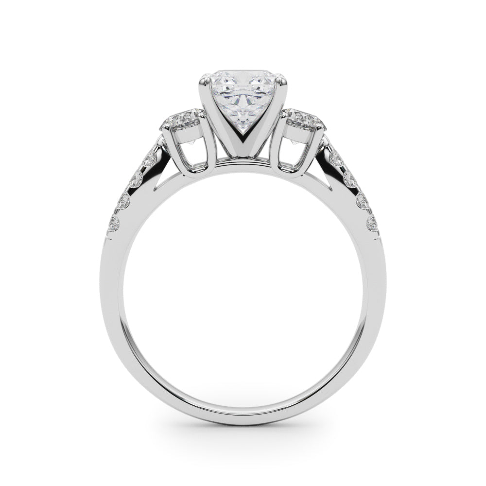 Silver Cushion Three-Stone Diamond Ring with Pavé Split Shank and Four-Prong Setting 1