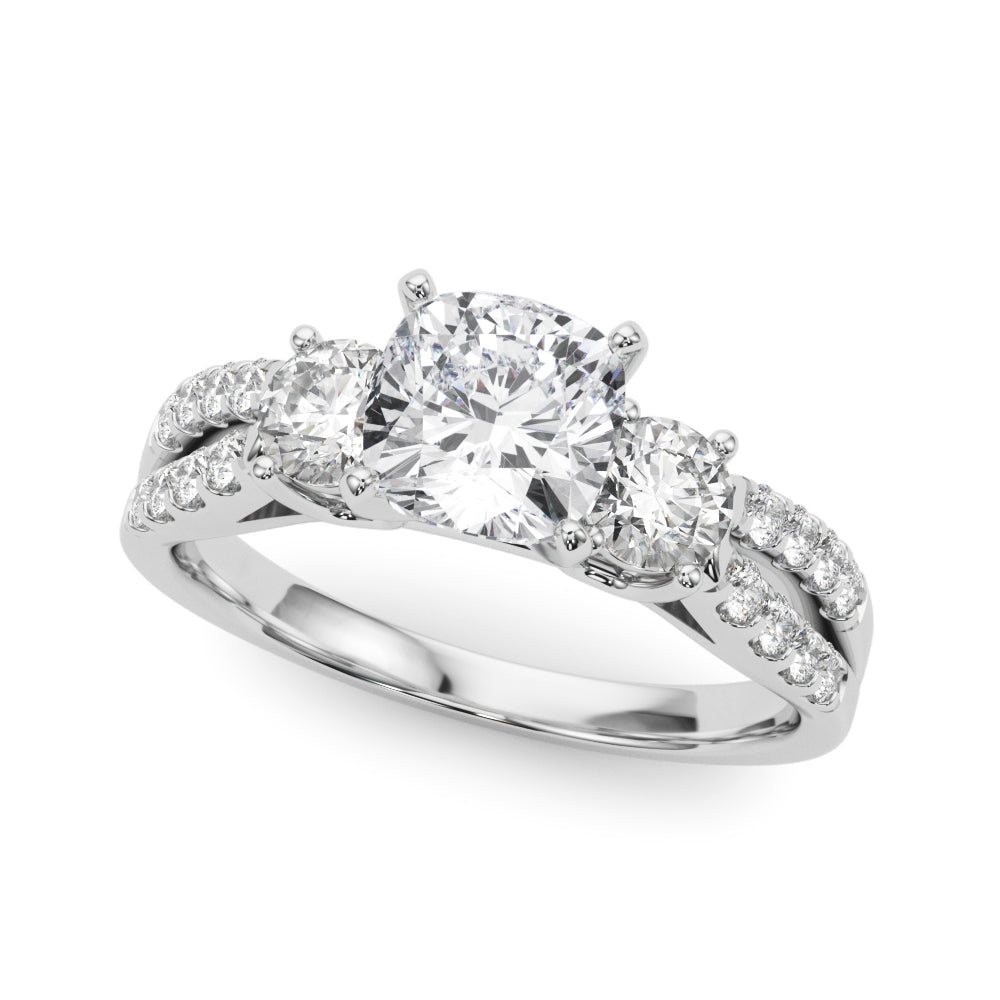 Silver Cushion Three-Stone Diamond Ring with Pavé Split Shank and Four-Prong Setting 2